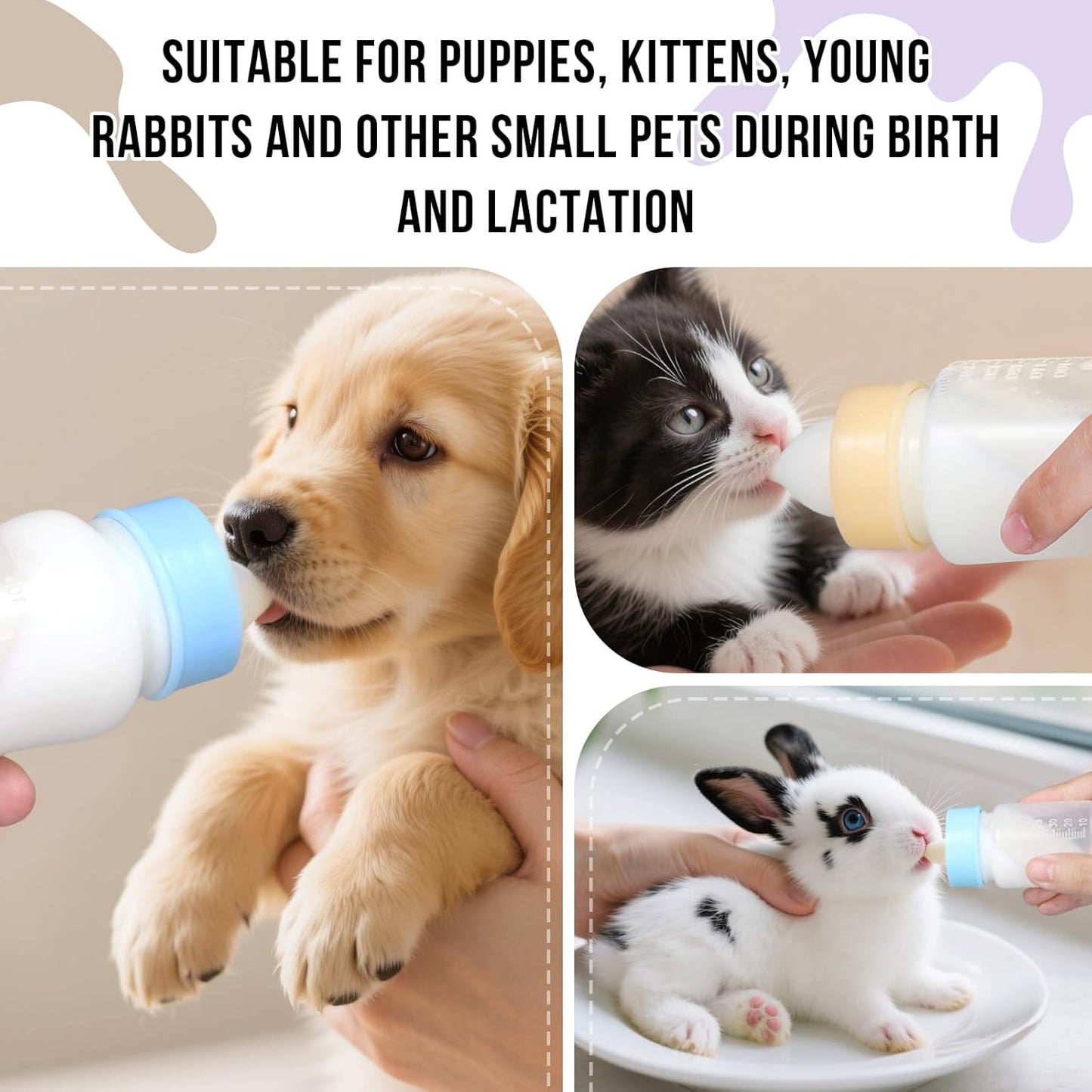 Puppy Kitten Nursing Bottle 3.4oz - Small Animal Feeding Kit with Nipples | Hand Feeding Supplies for Puppies, Kittens, Rabbits, Ferrets & Newborn Pets