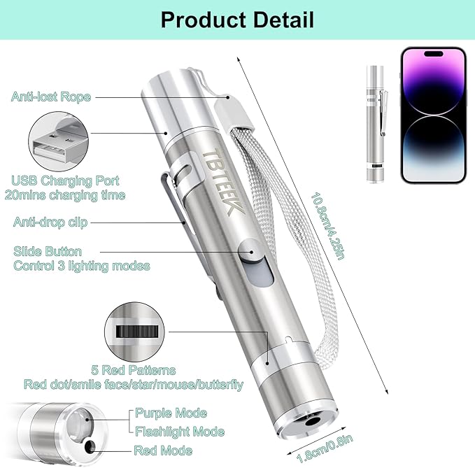 TBTeek Cat Toys, USB Rechargeable Kitten Toy, 3 Light Modes & 5 Adjustable Patterns, Portable Interactive Pet Dog Cat Mouse Toy for Fun Chase Play Exercise(3 Pack)