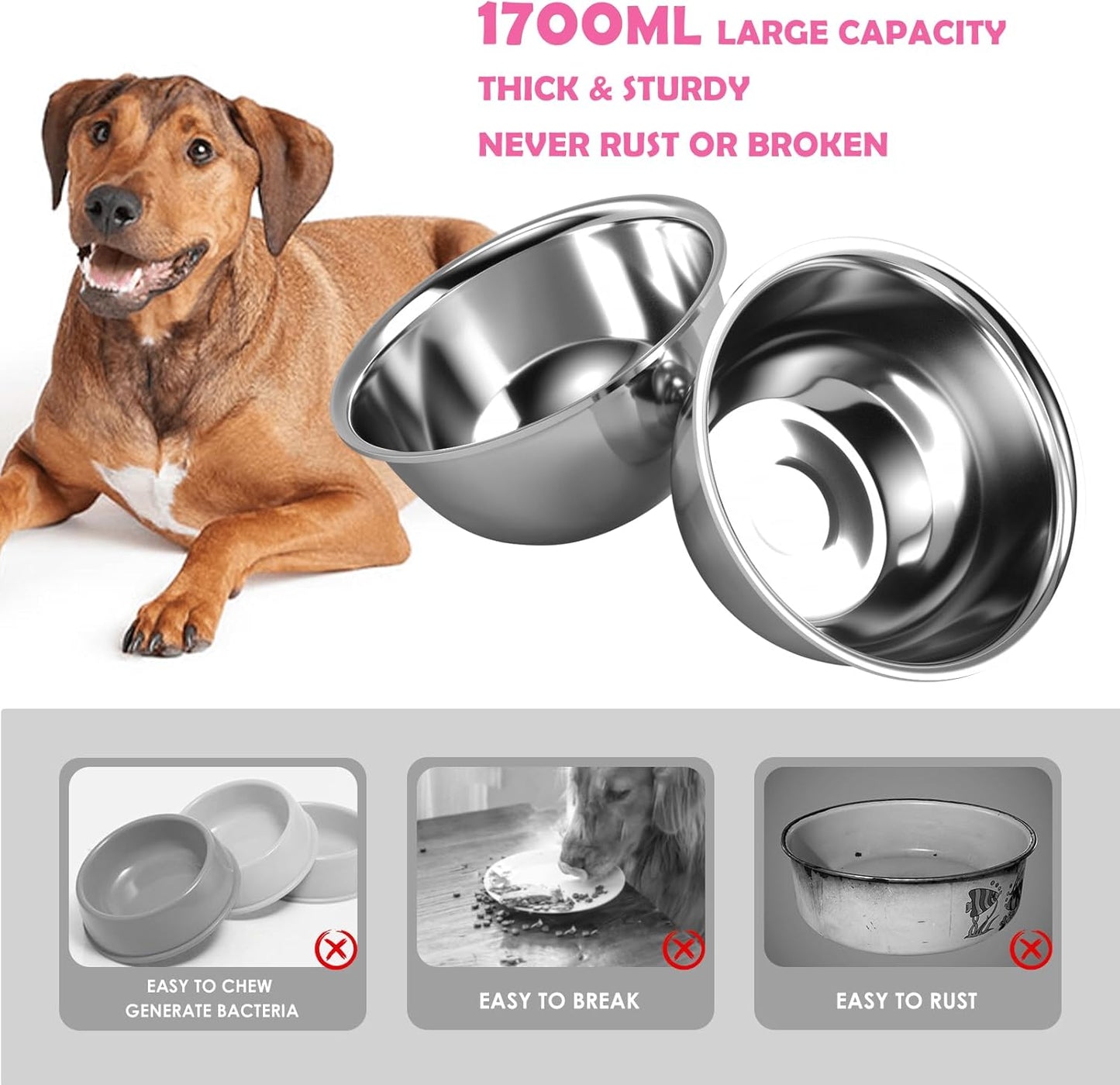 Elevated Dog Bowls, 10" Tall Height, ADENGL Raised Bowl Stand with 2 Stainless Steel Food Feeder Bowls (60oz) and Spill-Proof Mat for Medium Large & Small Breeds, Pink