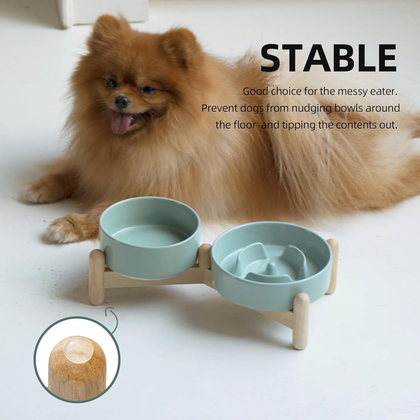 Ceramic 0.9 Cup Raised Slow Feeder Dog Bowl Set, Elevated 5.1inch Water Bowl and 6.1inch Puzzle Slow Pet Food Dish with Wooden Stand for Small Dog and Cat(2 x Light Green+ Stand)