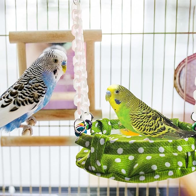 Bird Toy Climbing Hammock Nest Wooden Hanging Bird Bed for Cage Perch Stand Swing with Parrot Bell Toy for Parakeet Cockatiel Conure Cockatoo