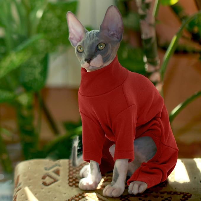ROZKITCH Hairless Cat Clothes, Breathable Soft Cat Jumpers for Cats Only, Cat Coat with Four Legs, Warm Cat Sweater Cat T-Shirt Cat Pajamas Jumpsuit Vest Cornish Rex Devon Rex Peterbald Red XL