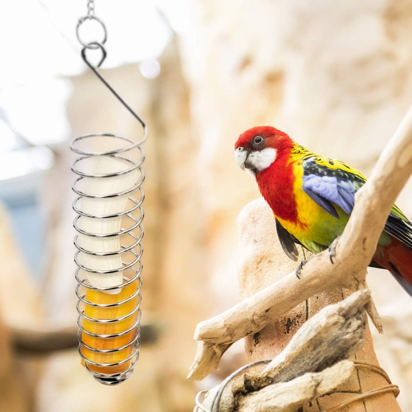 Stainless Steel Bird Food Holder, Parrot Foraging Toy, Hanging Basket, 9.84 in L, 7.87 in W, 82g Weight, Activity Clasp, Fits 12oz Bottle
