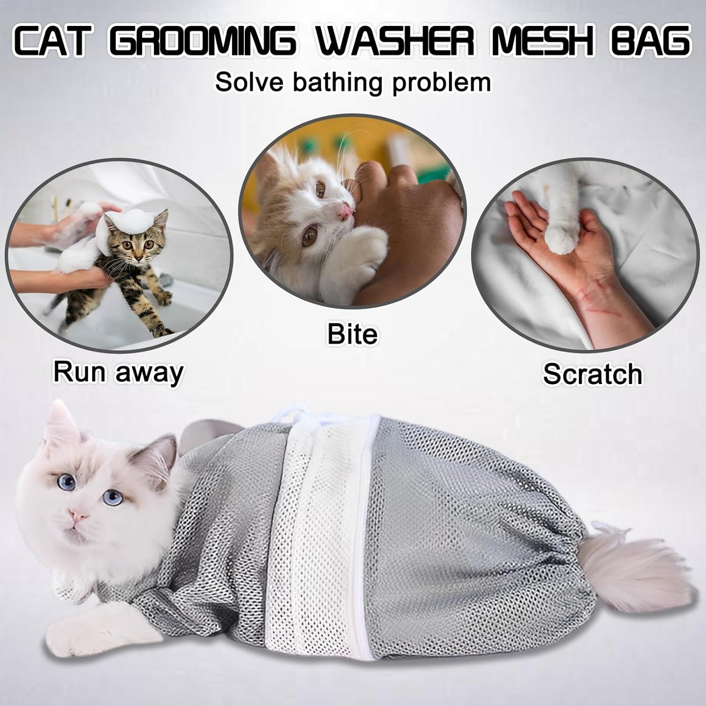 FANOVO Cat Mesh Bathing Bag, Adjustable Cat Bath Bag with Nail Clipper, Bath Brush, Nail File & Comb, Anti-Scratch Shower Bag for Pet Grooming, Bathing & Restraint, Durable Washing Bag for Cats