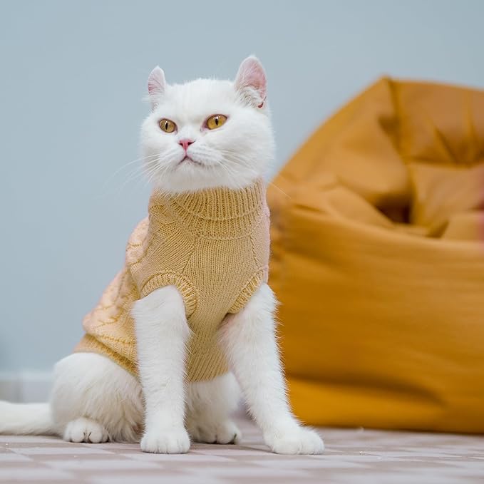 PUPTECK Winter Cat Sweater Coat - Soft Warm Cold Weather Clothes Knitwear for Kittens & Small Dogs Indoor Outdoor Wearing, Knitted Classic for Doggies Kitties Girls Boys, Beige, S