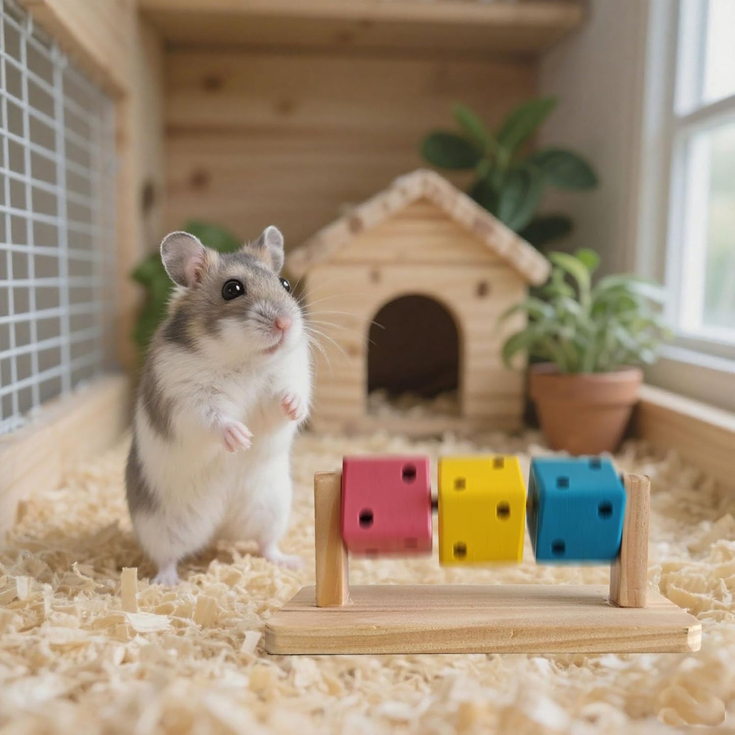 Small Animal Activity Toy with Rotating Wooden Cubes for Hamsters Gerbils Mice