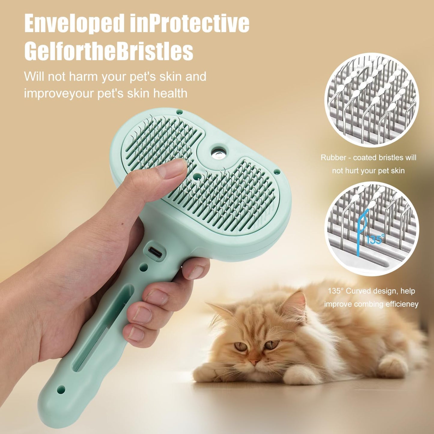 3-in-1 Pet Steam Brush, Grooming Comb with Water Tank for Cats and Dogs, Long and Short Hair (Green)
