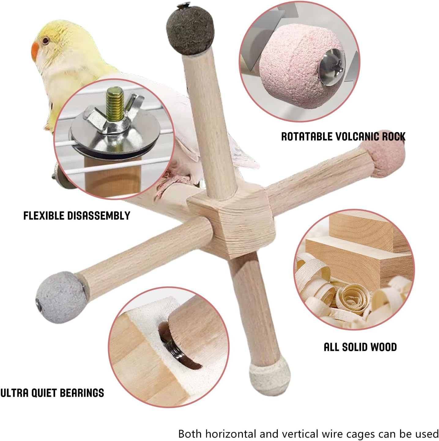Bird Perch - 360° Rotating Interactive Perch for Cage, Natural Lava Rock for Claw & Beak Grinding, Safe Non-Toxic Wood, Multi-Position Play, Parakeet perches for cage, for Small/Medium Birds