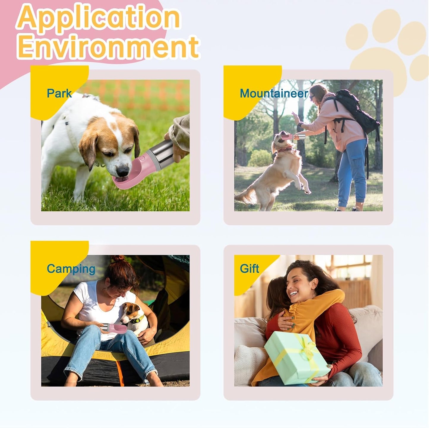 Portable Dog Water Bottle, 14 OZ, Stainless Steel Leak Proof Puppy Water Dispenser with Drinking Feeder for Pets Travel, Walking, Hiking and Outdoor Activities