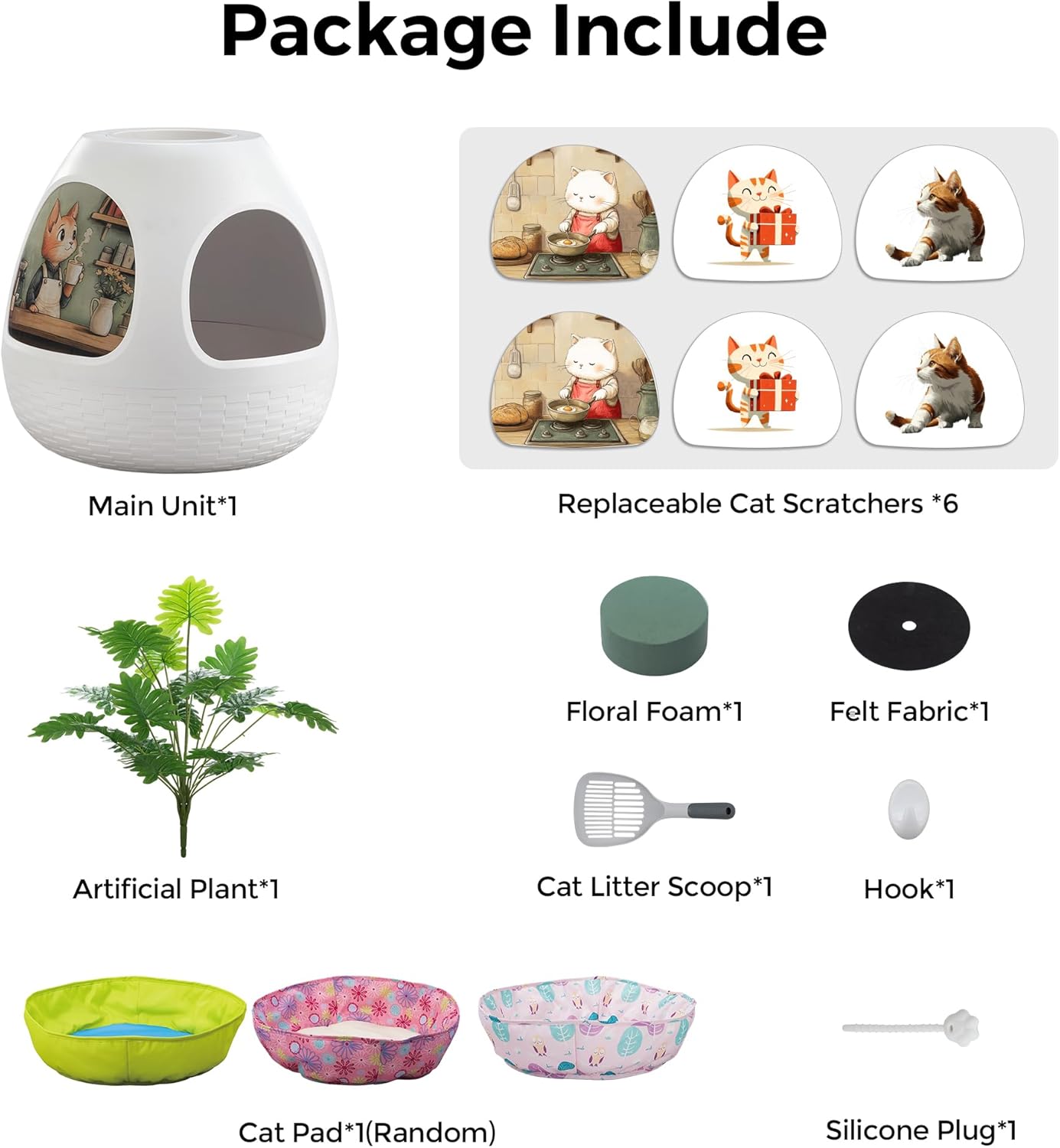 Copod8 Cat Cave, 3-in-1 Kitty House Condo with Plant, Cat Cushioned Bed, Cat Scratchers, Modern Cat Pet Furniture for Indoor, Kitty Hiding Spot (White, M)