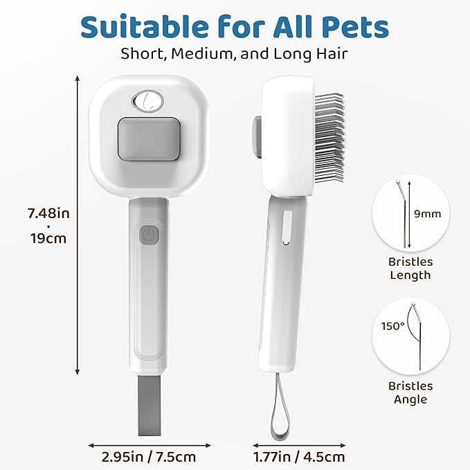 3 in 1 Cat Brush - Dog Brush, Steam for Shedding & Grooming, Indoor & Outdoor Shedding Spritz Comb for Long & Short Hair Cats & Dogs, Cat Steam Brush - Includes Waterless Shampoo, Gray