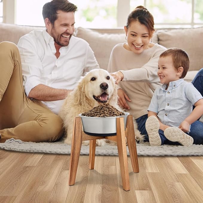 Solid Acacia Hardwood Elevated Dog Bowl Stand, Raised Feeder for Medium & Large Dogs, Fits up to 9″ Bowls, Improves Posture and Reduces Neck Strain, Stand Only