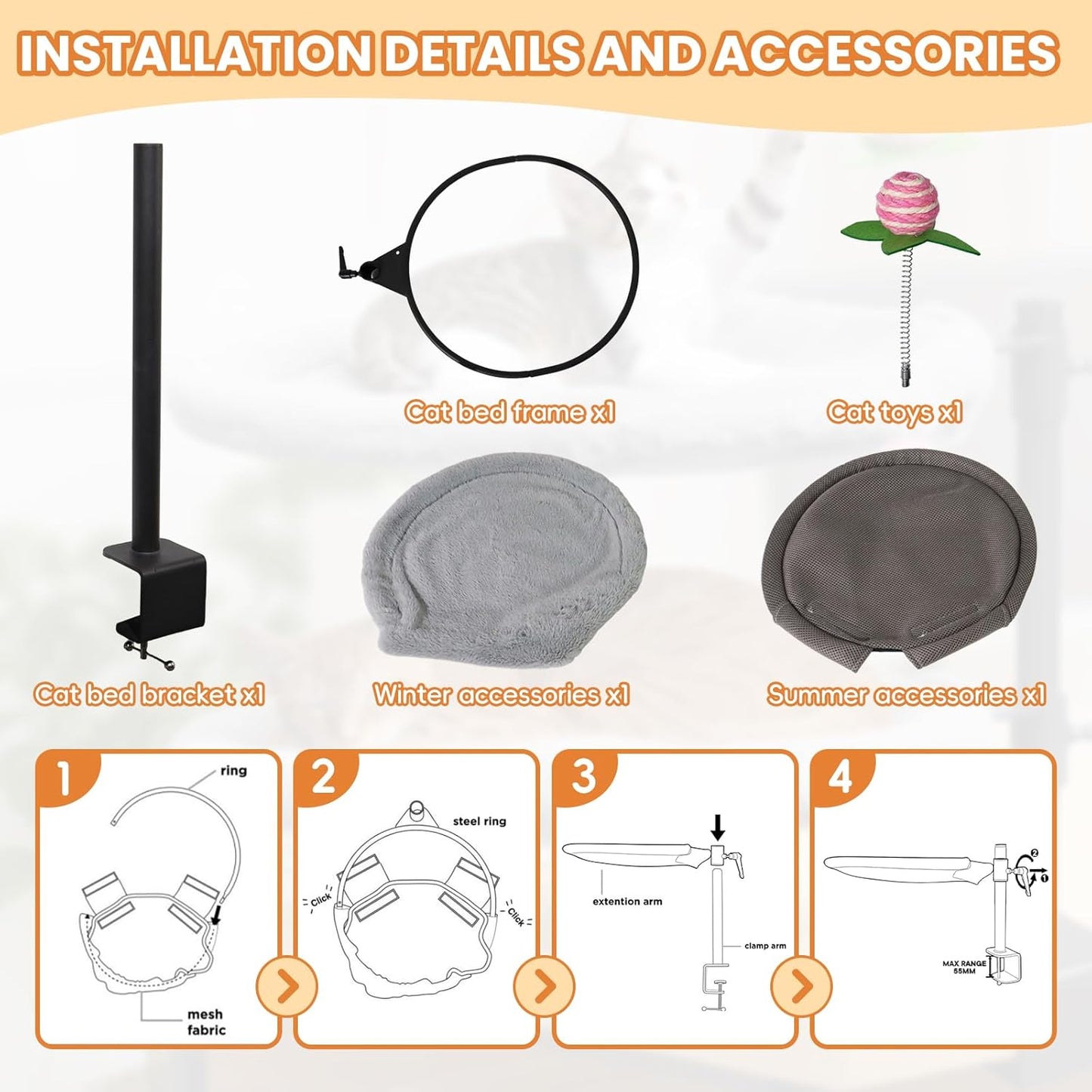 16-Inch Cat Desk Bed - 360° Rotating & Adjustable, Soft Faux Fur, Supports Up to 44lbs, Removable & Washable, Modern Indoor Cat Furniture for Office Desks, Gaming Tables & Island Tables (Round)