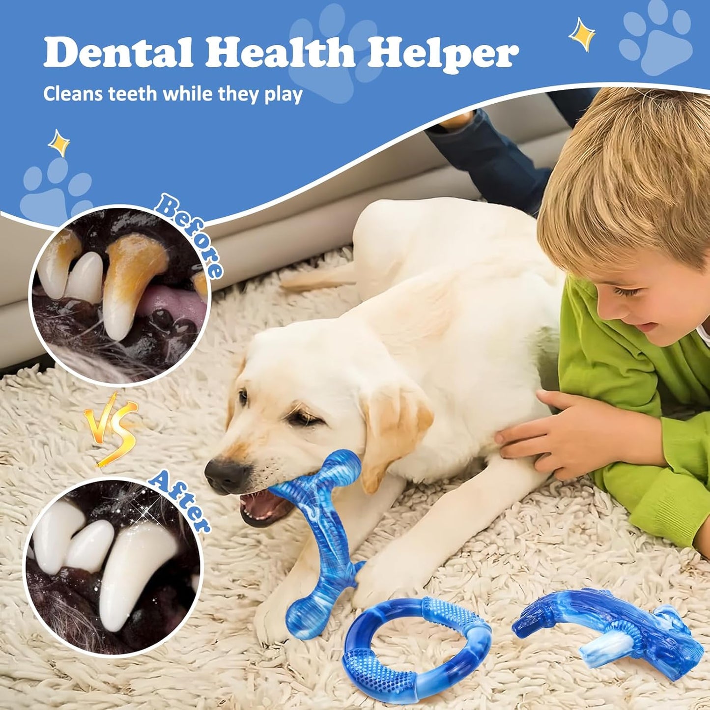 3Pack Dog Toys for Aggressive Chewers Dog Chew Toy Tough Dog Toys to Keep Them Busy Bacon Flavor Teething Chew Toys & Dental Health for Large Medium Small Breeds (Blue)