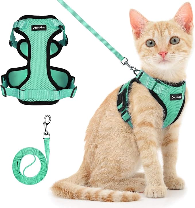 Dooradar Cat Harness and Leash Set, Escape Proof Safe Adjustable Kitten Vest Harnesses for Walking, Easy Control Soft Breathable Mesh Jacket with Reflective Strips for Cats, Green, S