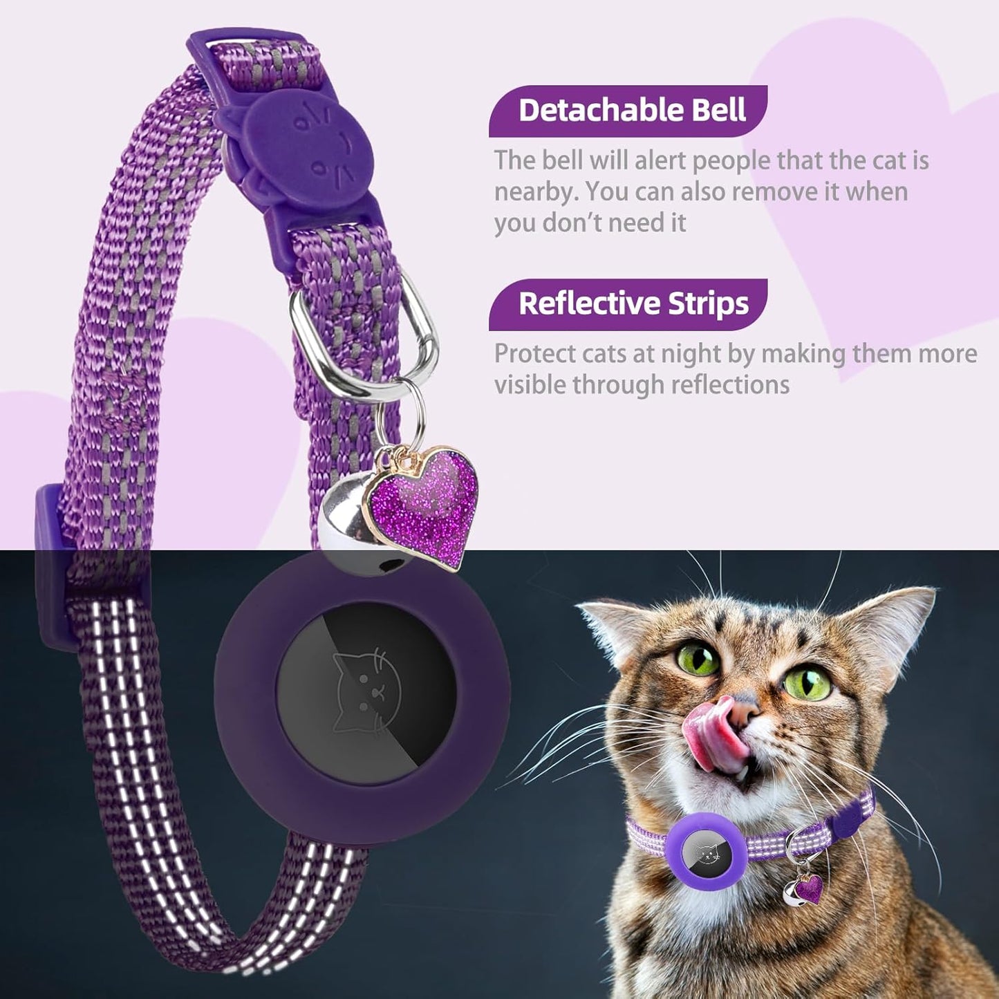 PUPTECK Airtag Cat Collar Breakaway 2 Pack with Bells, Reflective Kitten Collar with Air Tag Holder for Boy Girl Kitty and Puppies, Soft, Orange & Purple