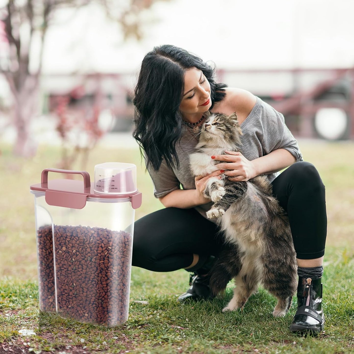 5-7Lbs Cat Dog Storage Container, Portable Pet Food Containers with Upgraded Large Spout and Cup, Small Animal Kibble Dispenser for Bird Seed, Oatmeal, Rice, Flour (1, Pink, 5L)