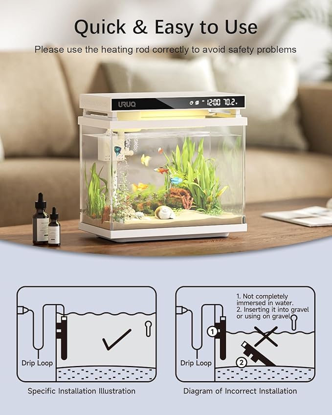 Small Aquarium Fish Tank Heater: URUQ 25W Submersible Aquarium Heater Adjustable Temperature Ultra-Low Water Level for Betta Fish Starter Kit - Under 5 Gallon Mini Aquarium