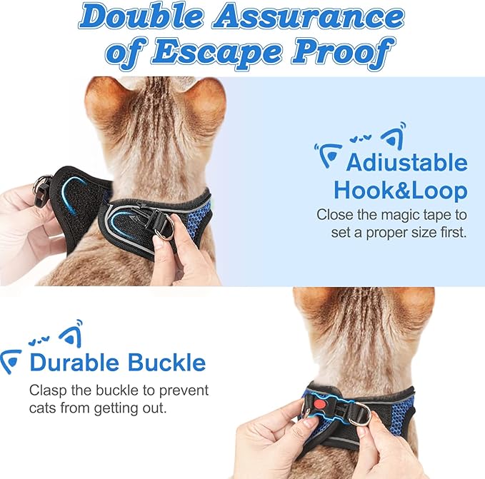 Cat Harness and Leash for Walking Escape Proof, Adjustable Kitten Vest Harness Reflective Soft Mesh Puppy Harness for Outdoor, Comfort Fit, Easy to Control (Blue, XXS)