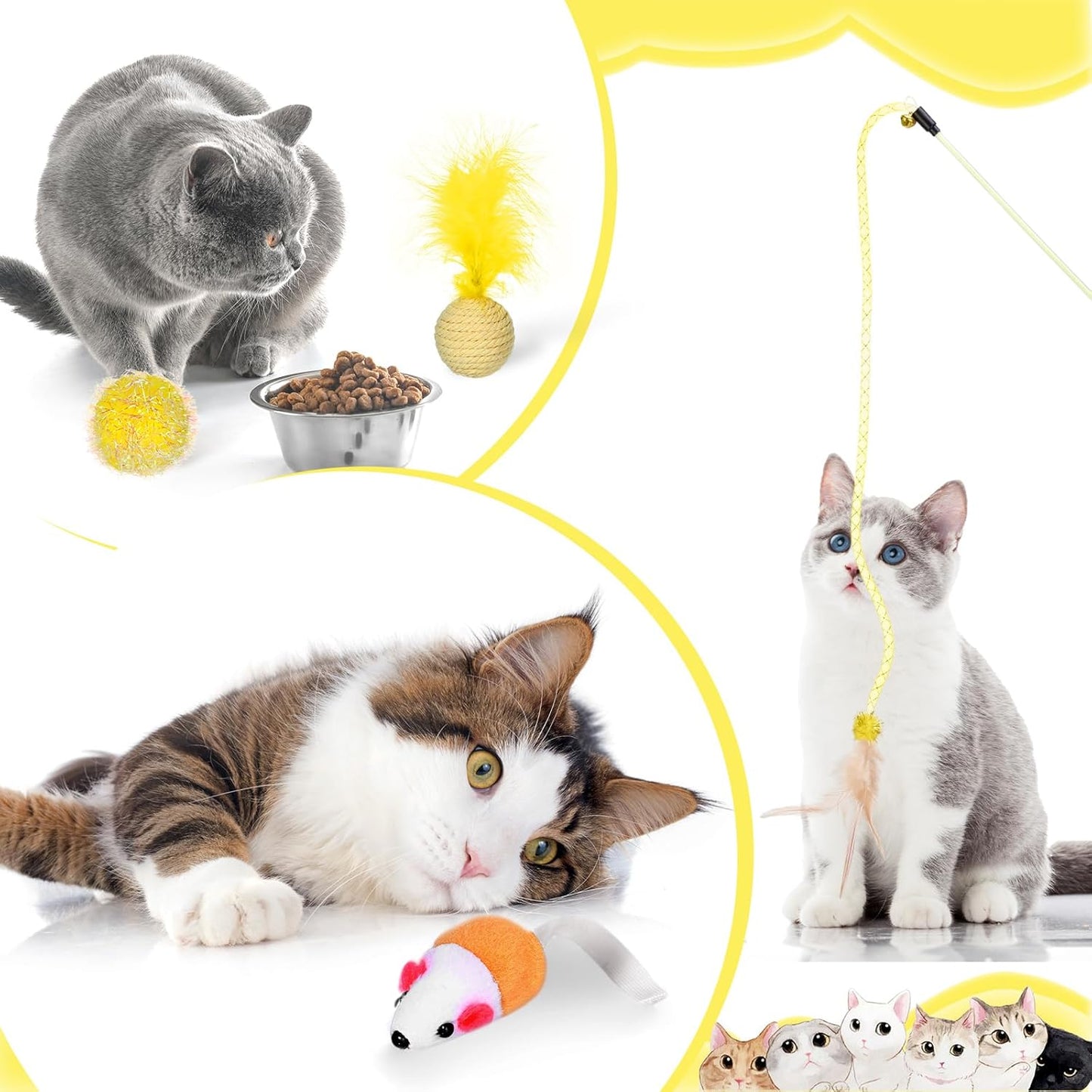 24 Pcs Cat Toys Set Interactive Kitten Toys Pack Including Collapsible Play Tunnel Feather Teaser Wand Fuzzy Ball Springs Pillow Mouse Bells for Indoor Cats Puppy (Yellow,Cute)
