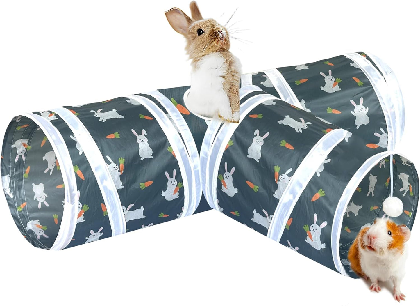 LUCKITTY Rabbit Tunnel Toy, Collapsible 3-Way Hideout Tunnel with Chew Toys for Rabbits, Guinea Pigs, Ferrets, Kittens & Small Pets - Gray & White Bunny Carrot Design Hideout (33"x20"x9.5")