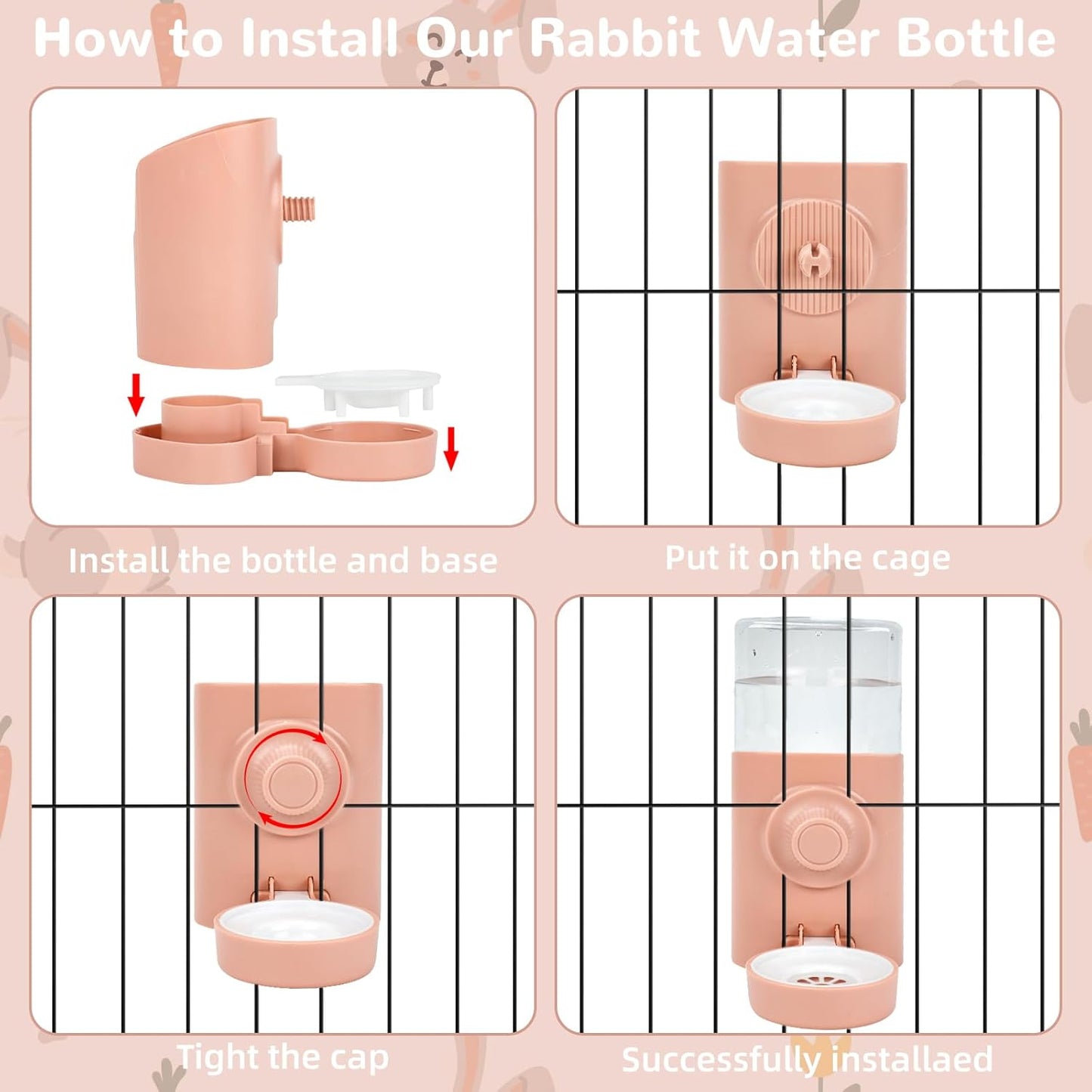 Rypet Hanging Rabbit Water Bottle Cage, 21oz Guinea Pig Water Bottle Dispenser, Automatic Small Pet Cage Water Feeder for Bunny Chinchilla Hamster Hedgehog Ferret Rat Gerbil Small Animal (Pink)