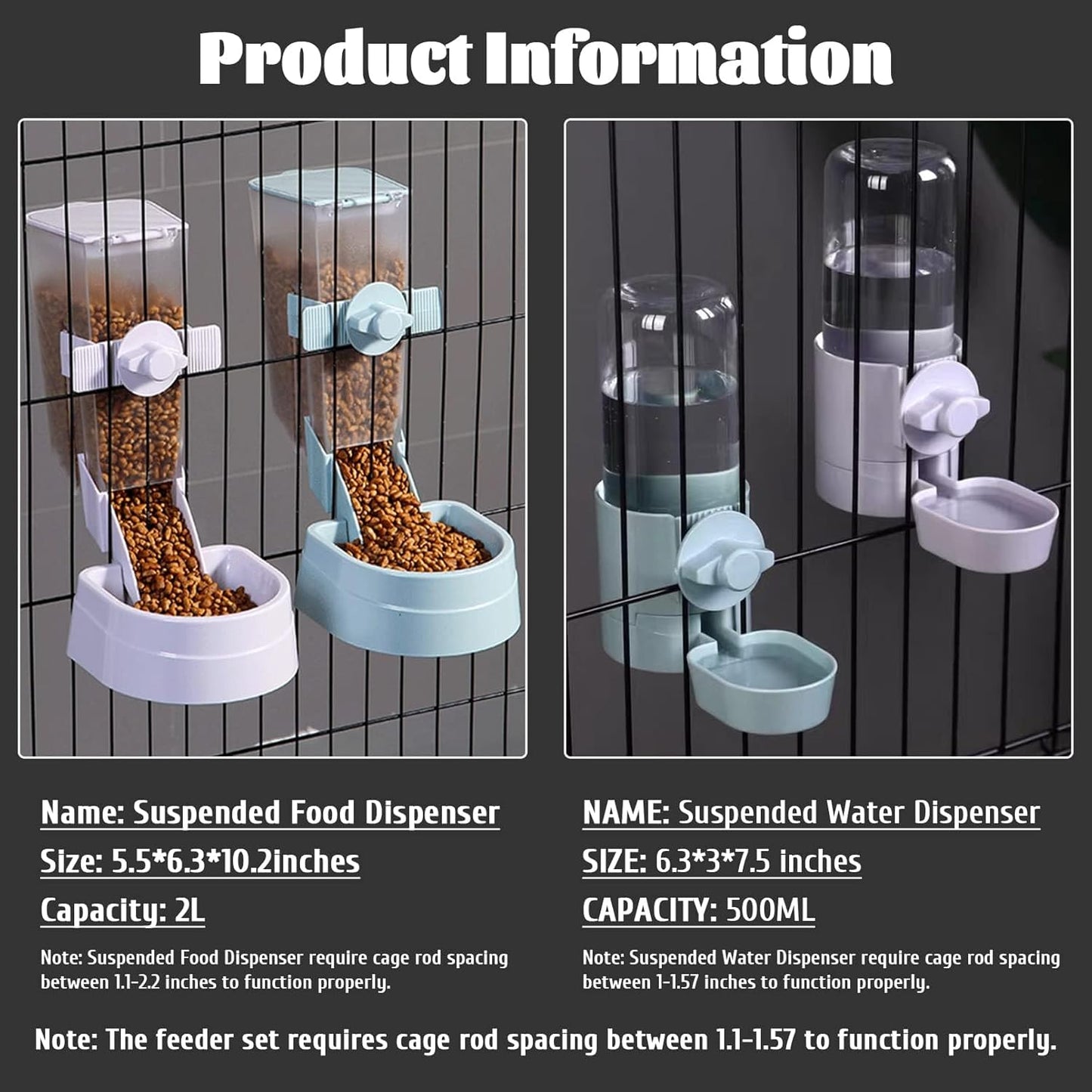 kathson Rabbit Food Water Dispenser Pet Cage Automatic Feeder 2L Food Dispenser 17oz Waterer Small Animal Hanging Bottle Bowl Set for Rabbit Cat Small Dog Ferret Puppy