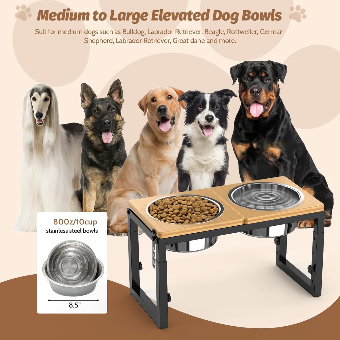Dog Bowls Elevated, 4 Height (9.6" to15) & Angle (0-20°) Adjustable Raised Dog Bowl Stand, Elevated Dogs Bowl for Medium to Large Sized, Bamboo Feeding Station with 2X 10cups Stainless Steel Dishes