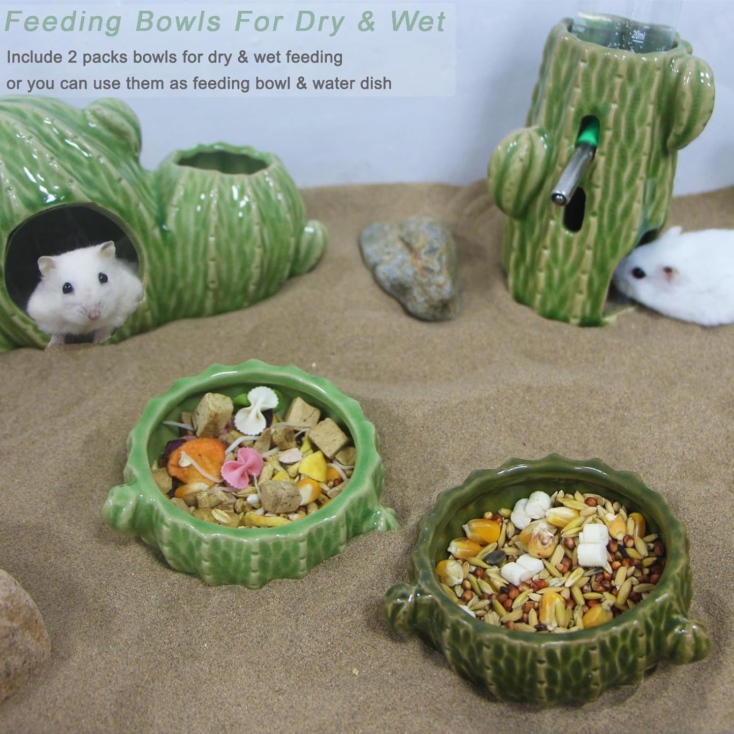 Hamster Food Bowl, 2 Packs Cactus Food & Water Bowls Ceramic Feeding Drinking Bowl Food Dish for Small Animals Gerbil Dwarf Hamster Rat Mice Guinea Pig(Green+Dark Green)