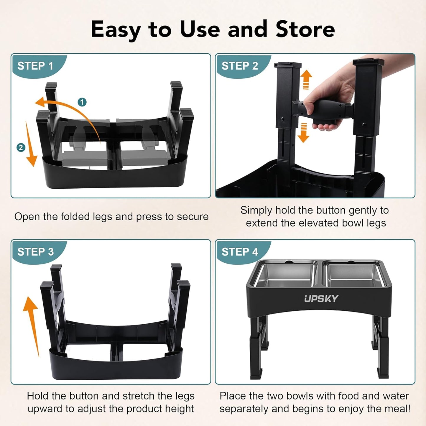 UPSKY Elevated Dog Bowls, 4 Height-Adjustable Raised Dog Bowl Stands with 2 Stainless-Steel Water Bowls, Slow Feeder, Anti-Slip for Small & Medium Dogs