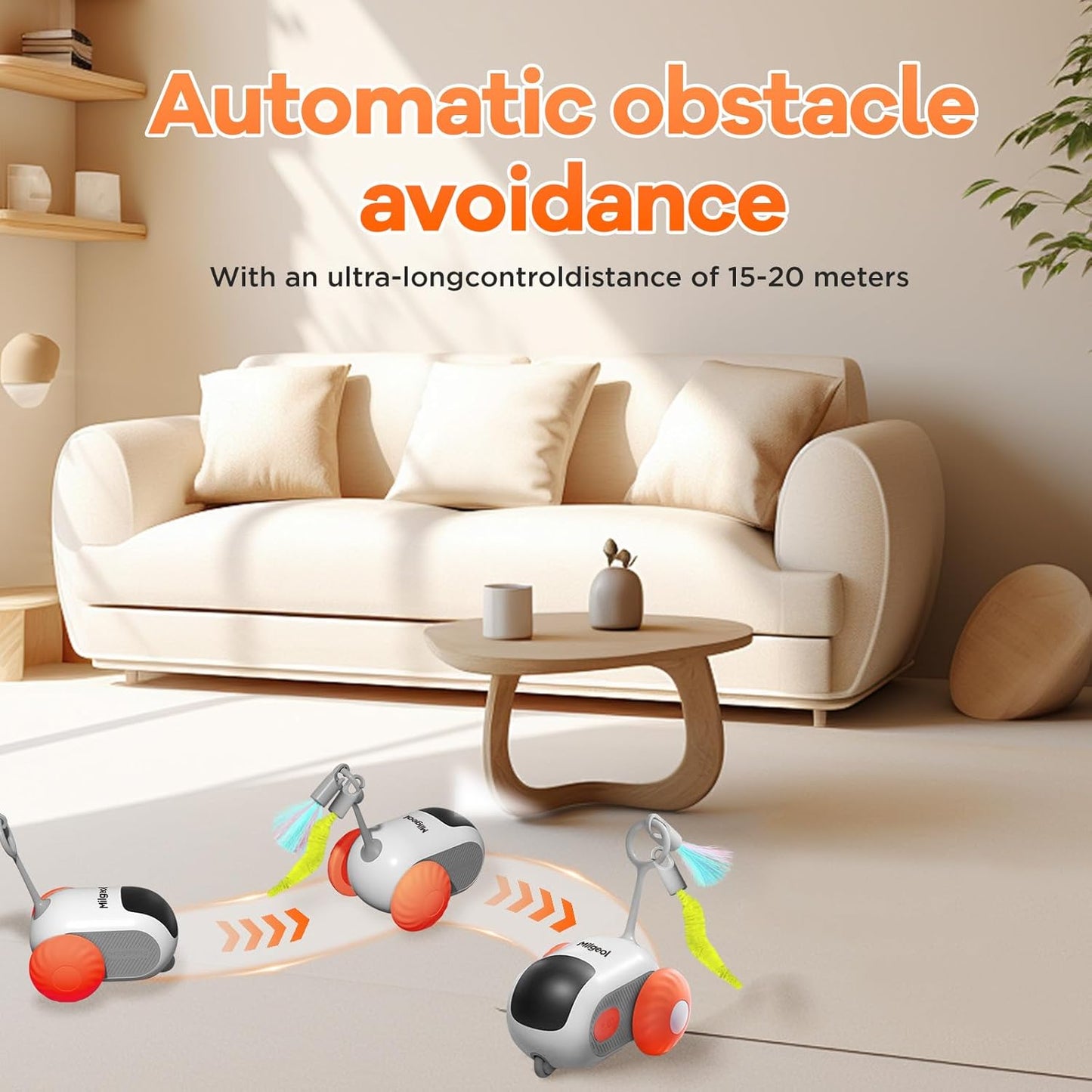 Turbo Tail 3.0 Interactive Cat Toy - Smart Remote Control Electric Mouse with Feathers, 3 Play Modes (Smart/Manual/Standby), Auto Obstacle Avoidance, Type-C, 8H Playtime - Orange (1PC)