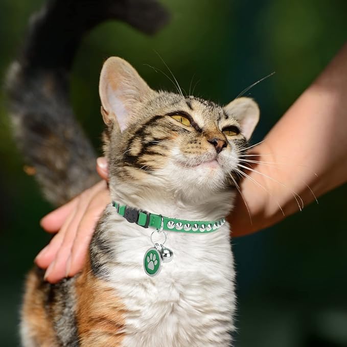 Leather Personalized Breakaway Cat Collar with Studded Bell and Safety Quick Release Buckle - Rivets Studded ID DIY Collars for Boy Girl Cats Kittens, 9" - 11.5" Green