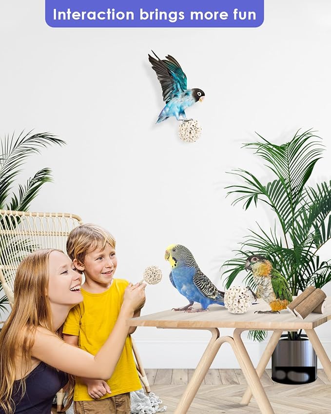 Bissap 7PCS Small Parrot Toys, Natural Sola Balls Bark Sola Sticks Parrot Chew Forage Toy Bird Foot Balls for Cockatiels Conures Cockatoos Parakeets Love Birds Budgie Finch Parrot Cage Bite Toys