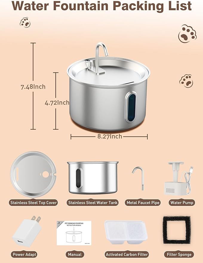 Stainless Steel Cat Water Fountain, 3.2L/108oz Quiet Automatic Cat Water Dispenser, Indoor Pet Spout, Dog Drinking Bowl with 1x Filter & 1x Sponge for Cats/Dogs/Multiple Pets - Silver