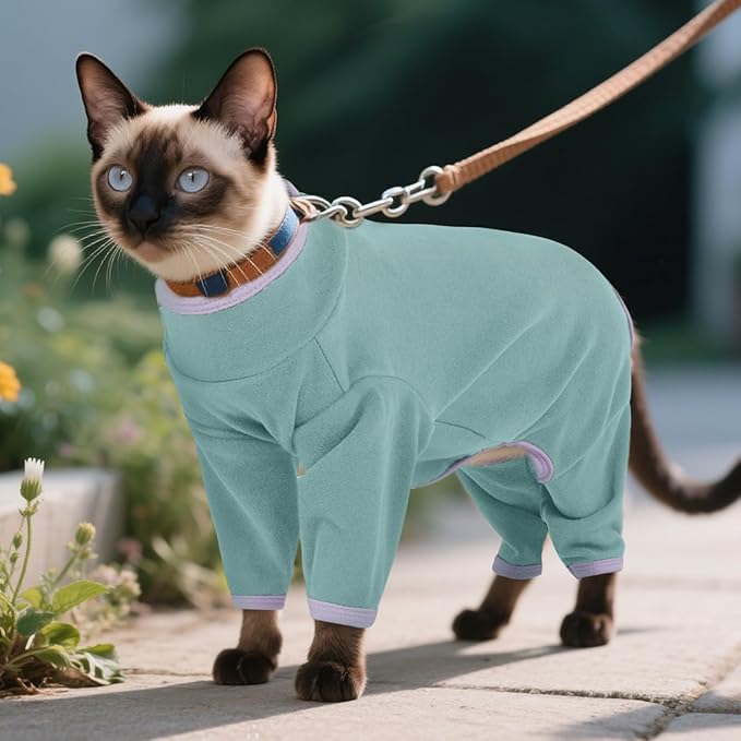 DENTRUN Cat Clothes for Hair Control with Hair Sticky Fabric - Soft Recovery Suit & Breathable Lint-Resistant Cat Sweater for Cats Only, Kitten Onesie Pajamas, L, Bean Green