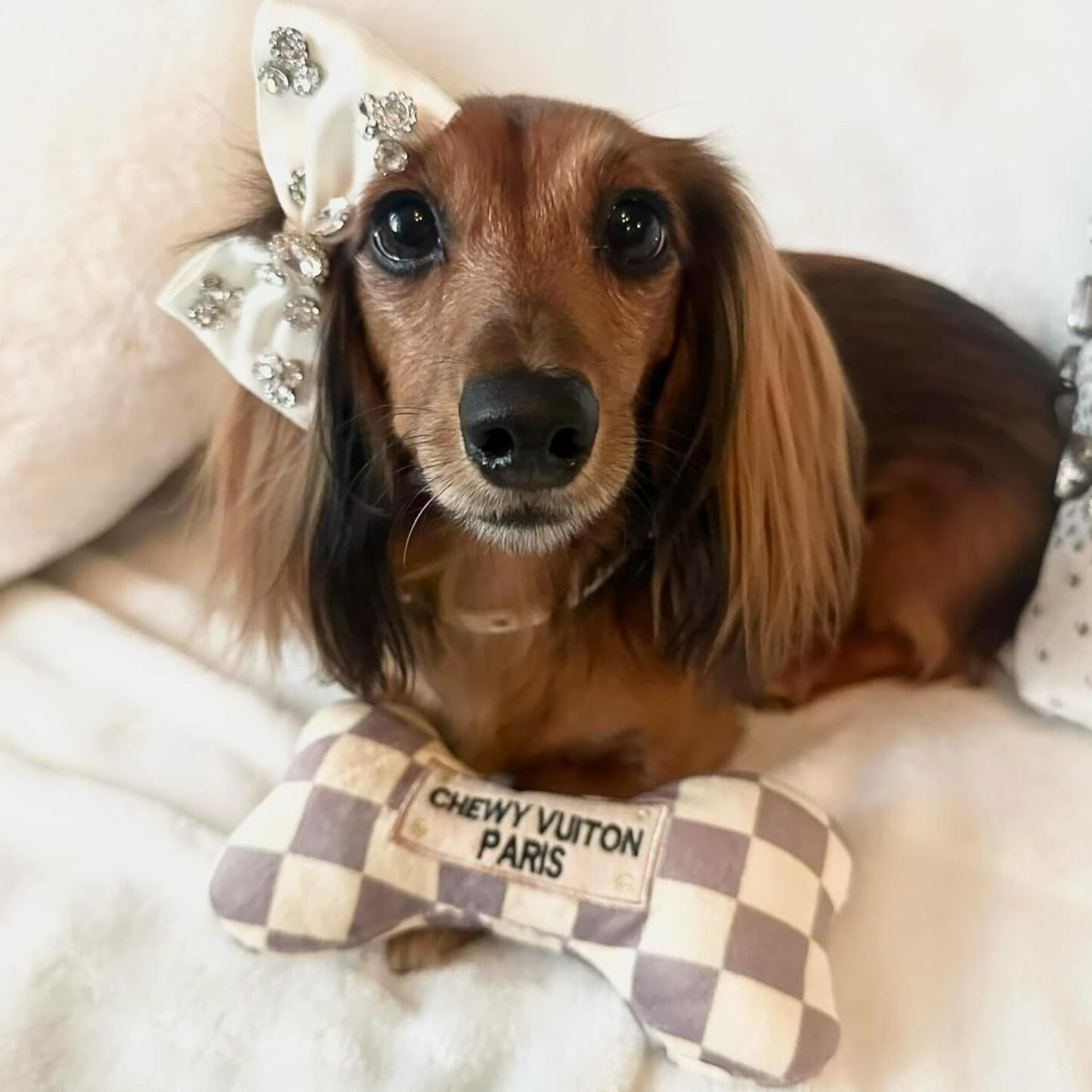 Haute Diggity Dog Checker Chewy Vuiton Bone, Plush Designer Dog Toys with Interactive Squeaker, Stimulating Pet Enrichment, Machine-Washable & Safe Materials for All Breeds, Size Medium