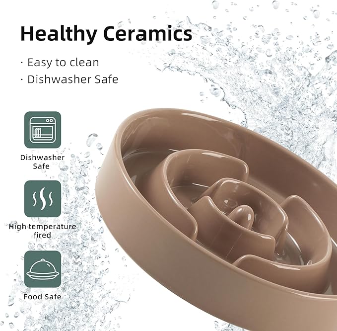 Ceramic Raised Slow Feeder Dog Bowl Set, Elevated 8.2inch Bowl and 9.5inch Puzzle Slow Food Dish with Wooden Stand for Large Dog, Anti-Gulping (2X Brown Coffee+ Stand)