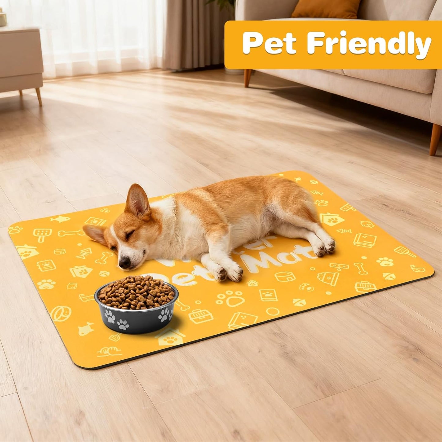 Pet Feeding Mat,Dog Cat Mat for Food and Water,Dog Bowl Waterproof Placemat with Rubber Backing,Absorbent Quick Dry Water Dispenser Mat for Pet(Orange 16"×24")