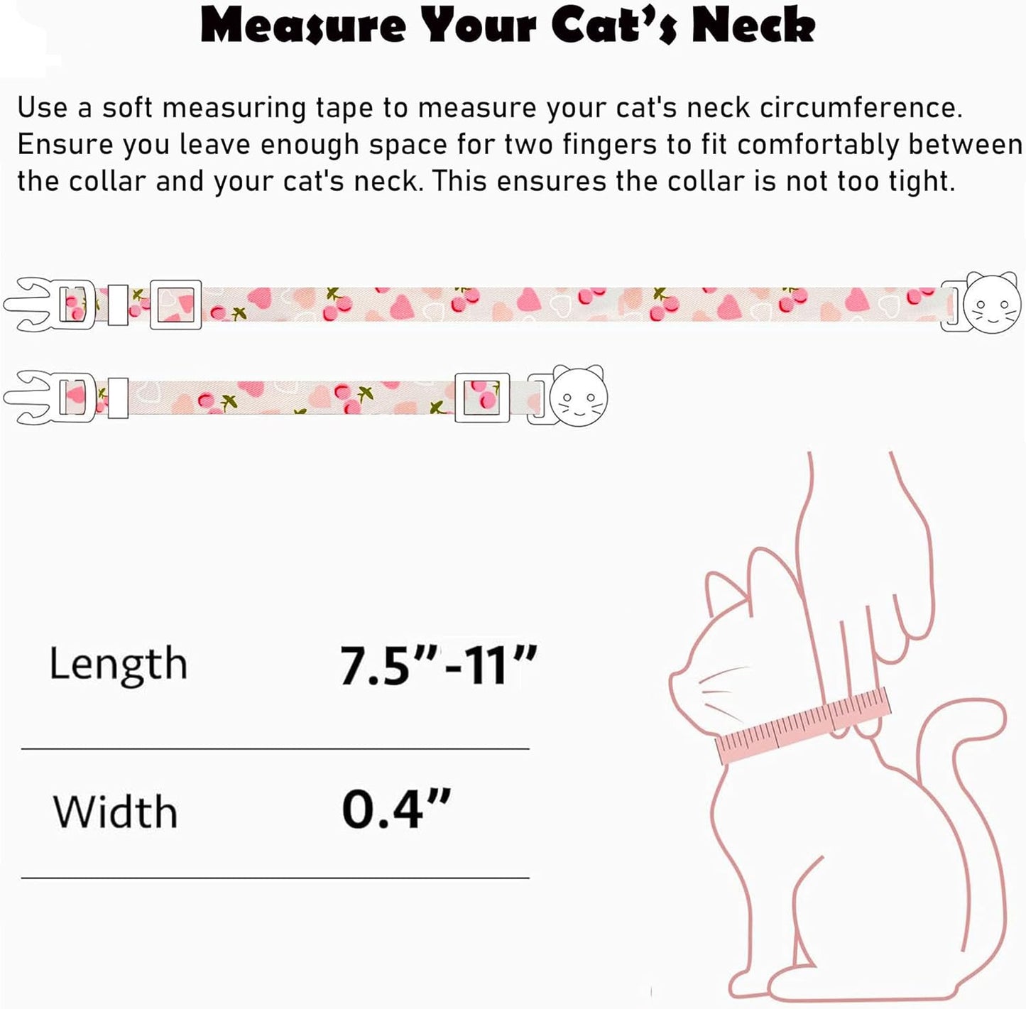 2 Pack Cotton Breakaway Cat Collars Set with Bell and Flower Pendant, Cute Floral Fruit Patterned, Adjustable 7.5-11Inch, Include A Mouse Toy Gift (Heart Cherry)
