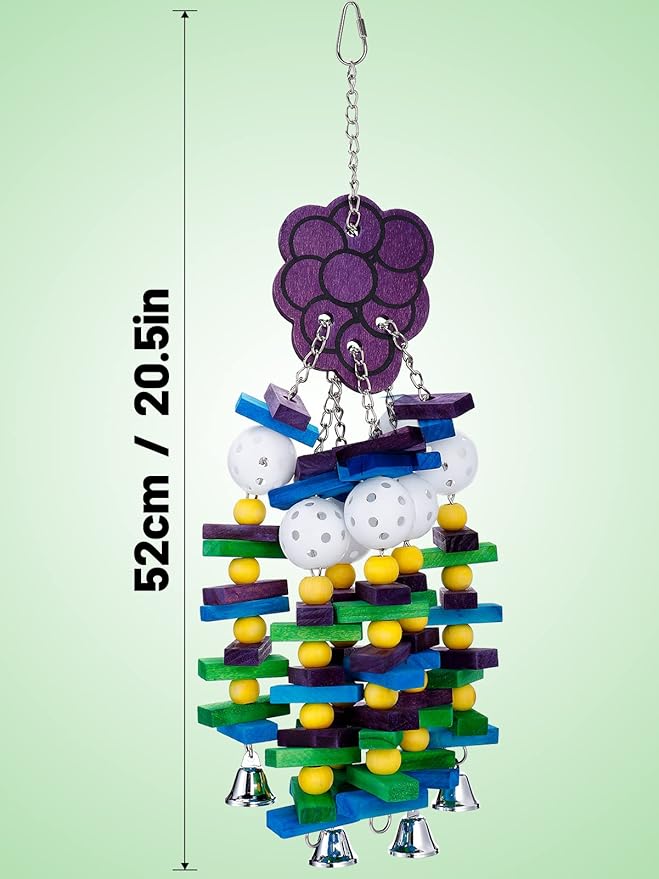 Large Bird Parrot Toys with Bells- Parrots Cage Chewing Toy Gift with Colorful Wood Blocks Beads- Bird Parrot Chewing Sticks Toys for Cockatoos African Grey Macaws and Amazon Parrots(Grape Style)