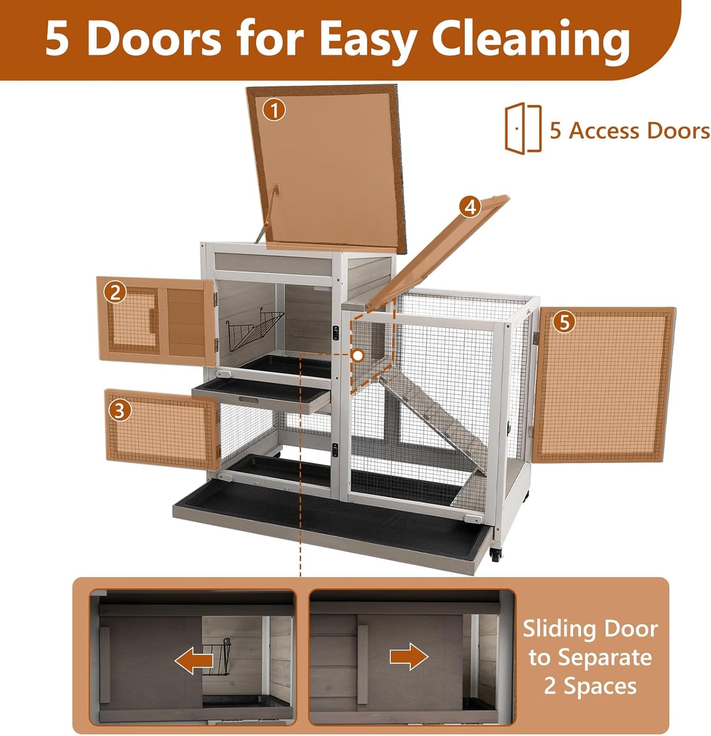 2 Story Rabbit Hutch Indoor with 2 Deeper Pull-Out Trays, Wooden Rabbit Cage with 4 Lockable Wheels, Ramp, Chew-Anti Metal Strip for Rabbit, Guinea Pig, Hamster(40.2" L X 23.2" W X 36.6" H)