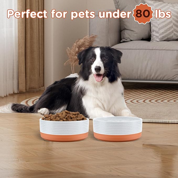 SPUNKYJUNKY Ceramic Dog Bowls 2 Pack, 7.3'' Dog Food Water Double Feeding Bowls Non-Slip for Medium to Large Sized Breed Microwave Dishwasher Safe - 42 OZ, 2pcs, Pattern White