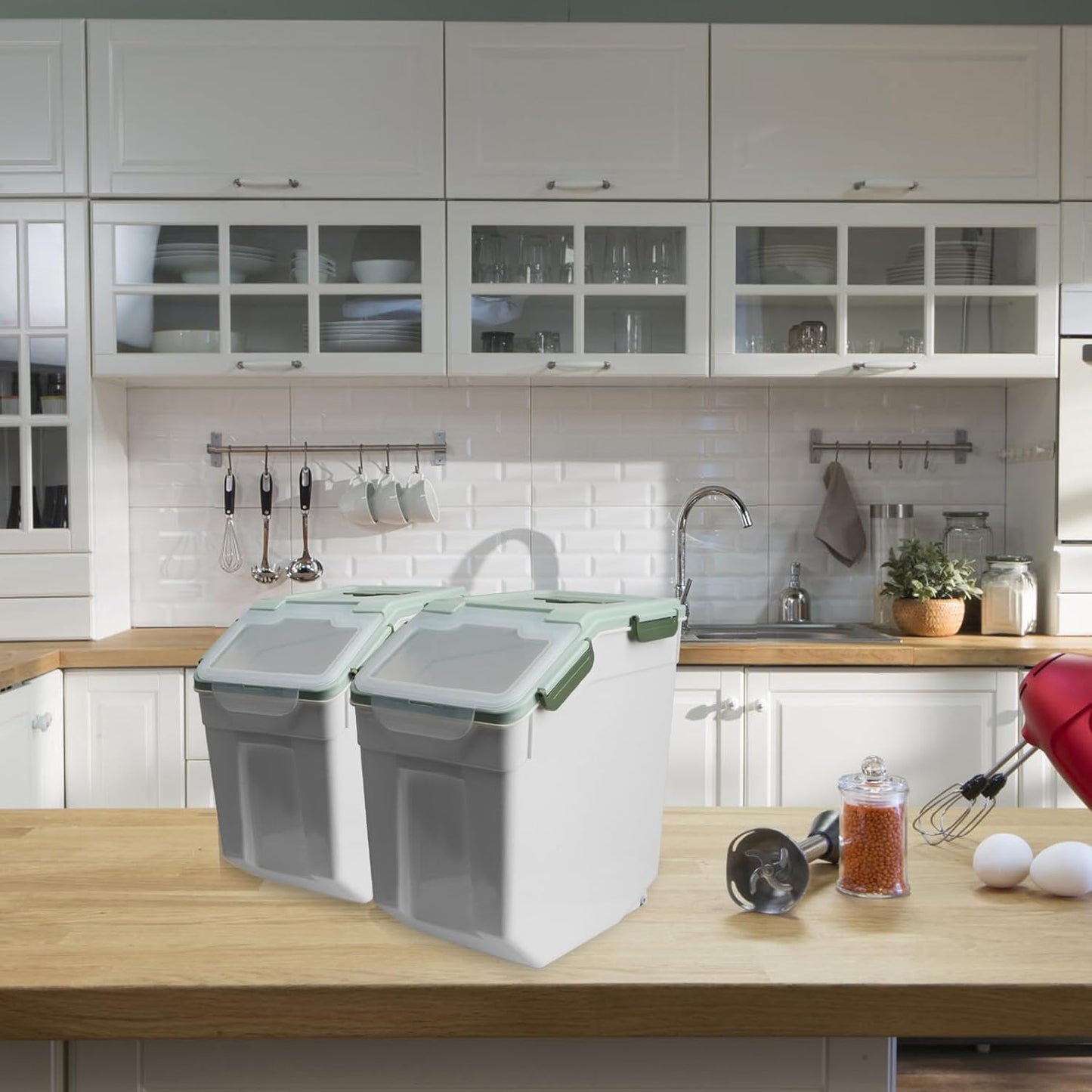 Rice Storage Container 25 lbs, 2 Packs Large Flour Storage Containers with Seal Locking Lid & Wheels, BPA Free Rice Dispenser, Measuring Cup | Scoop, for Sugar Cereal Dry Food, Dog Pet Food Bin -Green