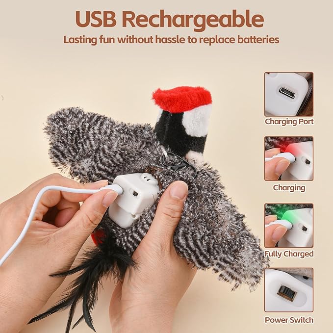 Flappy Bird Cat Toy, Simulated Chirping Flapping Wings Bird, Interactive Catnip Toys, Plush Kitten Exercise Toys for Indoor Cats, Brown Sparrow