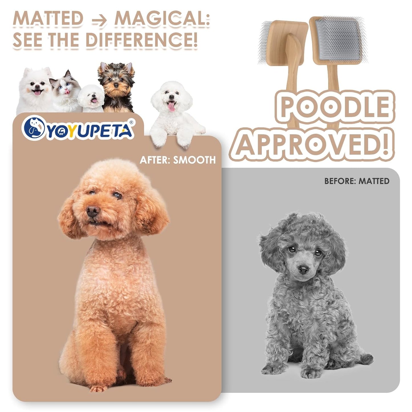 Long Pin Dog Slicker Brush for Poodles, Golden Doodles & Cats - 3-Piece Grooming Kit with Dematting Comb and Pet Comb, Large Wooden Handle Deshedding Tools for Thick Hair Mats Removal