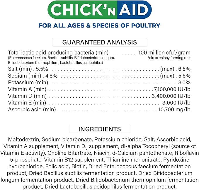 Chick’n Aid Chicken Supplement for All Ages (8 oz, Pack of 1) - Chicken Vitamins, Electrolytes, and Probiotics - Multipurpose Poultry Vitamins for Chickens, Ducks, and Turkeys
