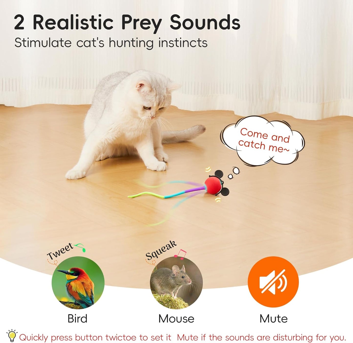 Potaroma Interactive Moving Ball Cat Toys with Fluffy Tail, Chargeable Kitten Toy for Indoor Kitten Exercise, Smart Interactive Cat Rolling Ball, 2 Inches