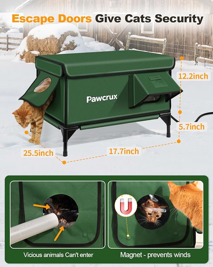 Weatherproof Heated Cat House for Outdoor in Winter, Heated Cat Bed Kitty Shelter with Cat Heating Pad, Insulated & Safe Escape Door, Warm House for Outside Stray Cat (Green, 17"x25"x17")
