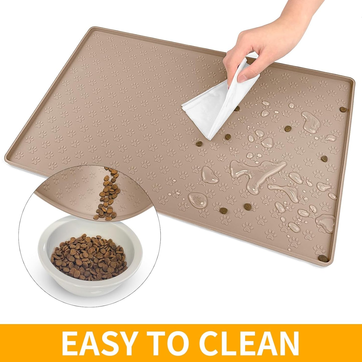 Ptlom Dog Food Mat Anti-Slip Bowl Mats for Food and Water, Waterproof Pet Placemat with High Raised Edges, Silicone Puppy Feeding Tray for Small, Medium Large Dogs Cats, Taupe, 31.5" 23.6"