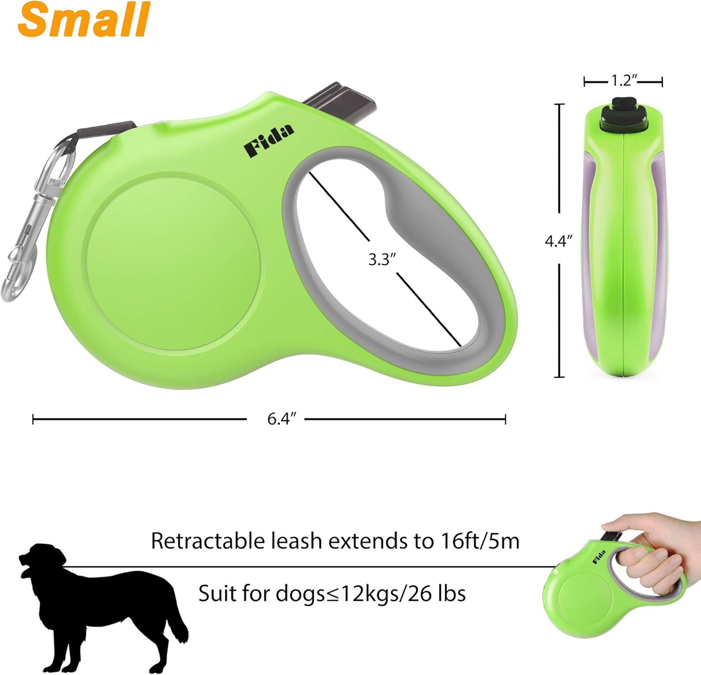 Fida Retractable Dog Leash with Dispenser and Poop Bags, 16 ft Pet Walking Leash for Small Dog or Cat up to 26 lbs, Anti-Slip Handle, Tangle Free, Reflective Nylon Tape (S, Green)